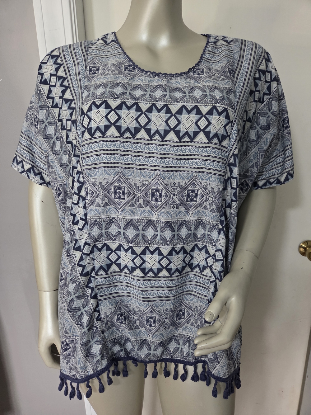 Kori Navy and White Printed Tassel Hem Tunic